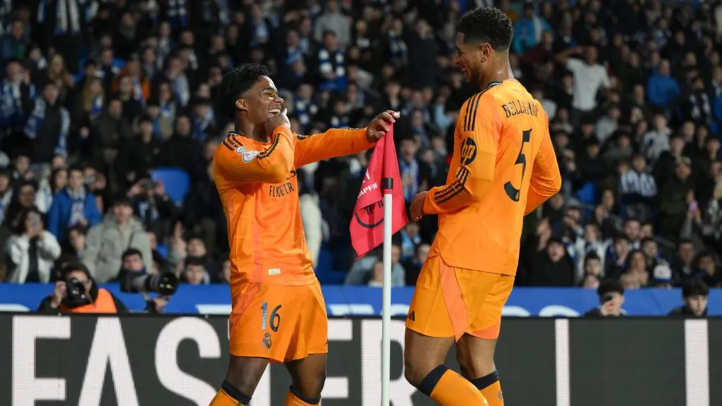 Endrick comemorando gol ao lado de Bellingham. Foto: David Ramos/Getty Images