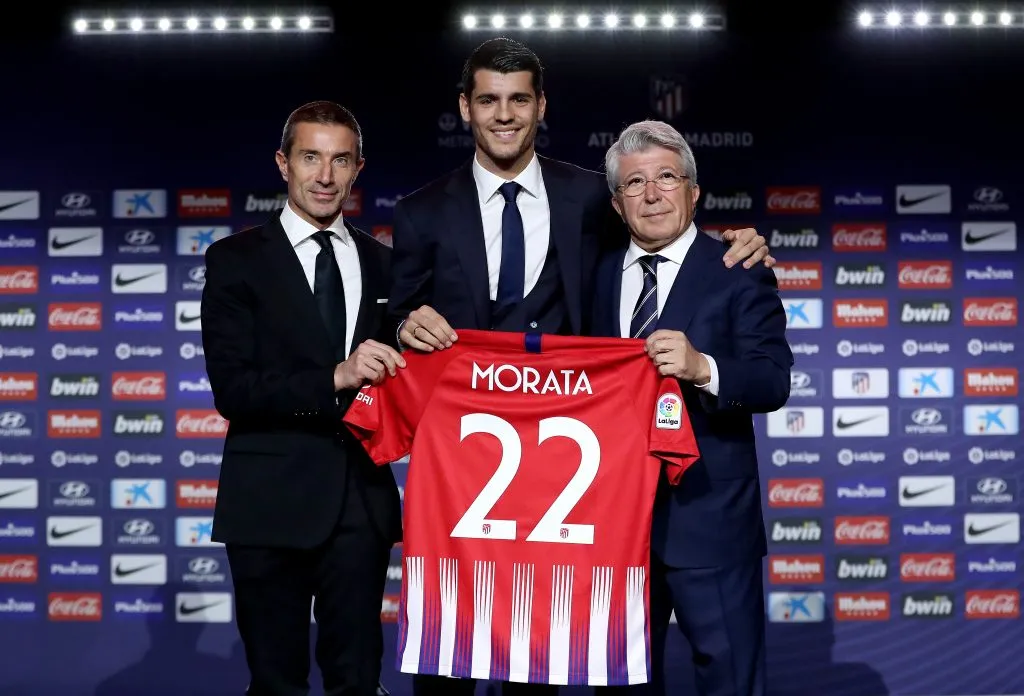Andrea Berta à esquerda de Morata no Atlético de Madrid. Foto: Gonzalo Arroyo Moreno/Getty Images