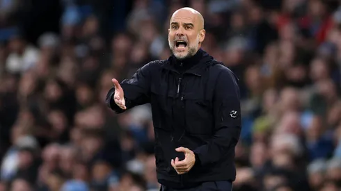 MANCHESTER, ENGLAND - FEBRUARY 23: Pep Guardiola, Manager of Manchester City, reacts during the Premier League match between Manchester City FC and Liverpool FC at Etihad Stadium on February 23, 2025 in Manchester, England. (Photo by Alex Pantling/Getty Images)