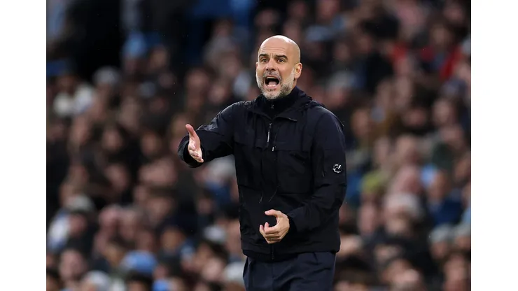MANCHESTER, ENGLAND - FEBRUARY 23: Pep Guardiola, Manager of Manchester City, reacts during the Premier League match between Manchester City FC and Liverpool FC at Etihad Stadium on February 23, 2025 in Manchester, England. (Photo by Alex Pantling/Getty Images)