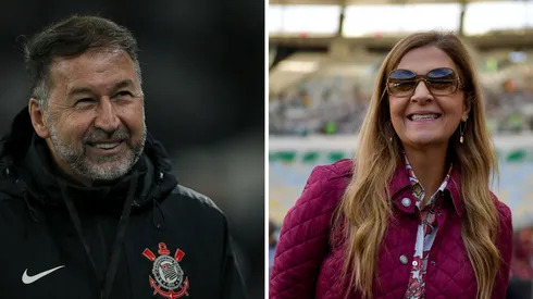 Augusto Melo, presidente do Corinthians (Photo by Ricardo Moreira/Getty Images) e Leila Pereira, presidente do Palmeiras. Foto: Thiago Ribeiro/AGIF
