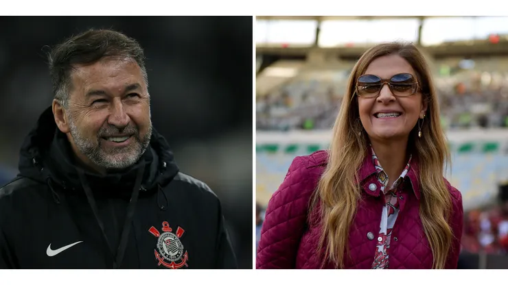 Augusto Melo, presidente do Corinthians (Photo by Ricardo Moreira/Getty Images) e Leila Pereira, presidente do Palmeiras. Foto: Thiago Ribeiro/AGIF