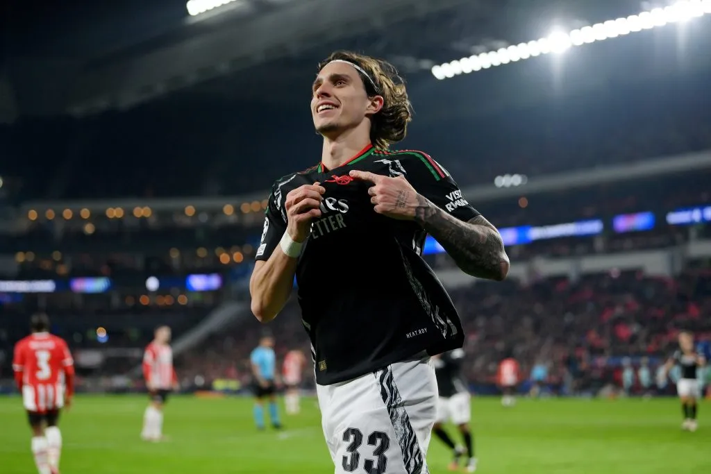 Riccardo Calafiori pelo Arsenal. (Photo by Justin Setterfield/Getty Images)