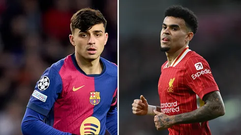 Todo o foco do Barcelona está em Luis Díaz, do Liverpool. Fotos: Aitor Alcalde e Garath Copley/Getty Imagens