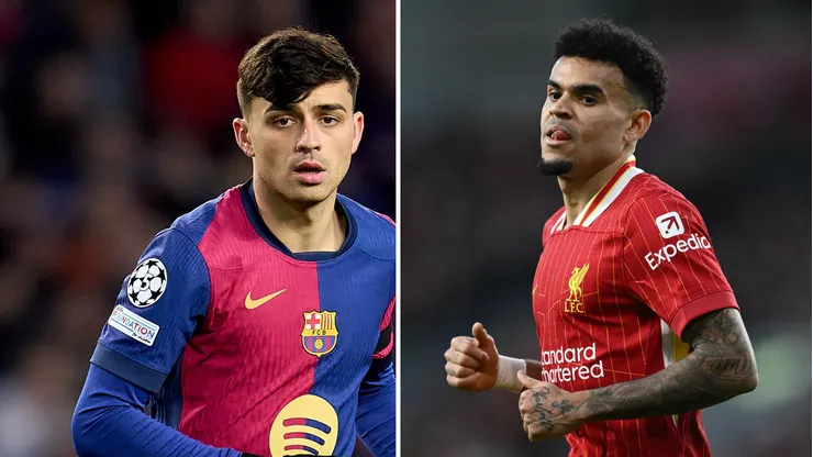 Todo o foco do Barcelona está em Luis Díaz, do Liverpool. Fotos: Aitor Alcalde e Garath Copley/Getty Imagens
