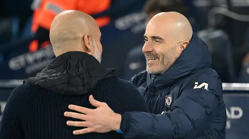 Treinadores Pep Guardiola e Enzo Maresca juntos em partida
