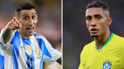 Di Maria, da Argentina (Photo by Buda Mendes/Getty Images) e Raphinha, da Seleção Brasileira (Photo by Justin Setterfield/Getty Images)