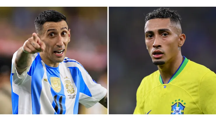 Di Maria, da Argentina (Photo by Buda Mendes/Getty Images) e Raphinha, da Seleção Brasileira (Photo by Justin Setterfield/Getty Images)