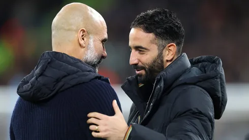 Guardiola, do Manchester City, e Ruben Amorim, treinador do Manchester United. Foto: Carl Recine