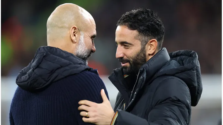 Guardiola, do Manchester City, e Ruben Amorim, treinador do Manchester United. Foto: Carl Recine