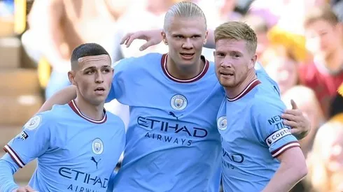 Foden, Haaland e De Bruyne, pelo Manchester City. O último é alvo do River Plate. (Photo by Laurence Griffiths/Getty Images)