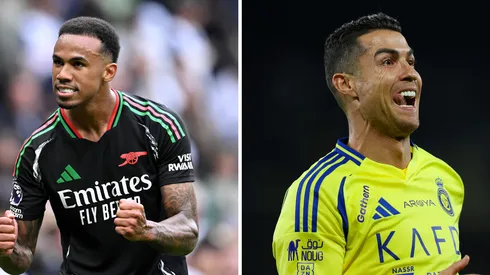 Gabriel Magalhães, do Arsenal (Photo by Justin Setterfield/Getty Images) e Cristiano Ronaldo, do Al-Nassr (Photo by Yasser Bakhsh via Getty Images)
