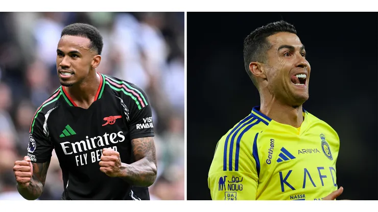 Gabriel Magalhães, do Arsenal (Photo by Justin Setterfield/Getty Images) e Cristiano Ronaldo, do Al-Nassr (Photo by Yasser Bakhsh via Getty Images)