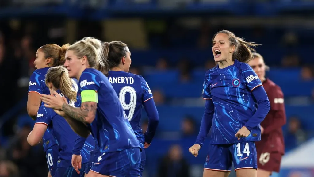 LONDON, ENGLAND – MARCH 27: Nathalie Bjoern of Chelsea celebrates scoring her team’s second goal during the UEFA Women’s Champions League Quarter Finals Second Leg match between Chelsea FC and Manchester City at Stamford Bridge on March 27, 2025 in London, England. (Photo by Alex Pantling/Getty Images)