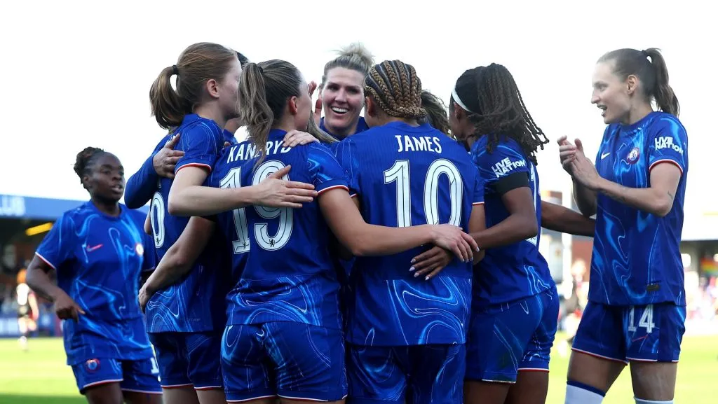 KINGSTON UPON THAMES, ENGLAND – MARCH 09: Lauren James of Chelsea celebrates scoring her team’s first goal with teammates during The Adobe Women’s FA Cup Quarter Final match between Chelsea and Crystal Palace at Kingsmeadow on March 09, 2025 in Kingston upon Thames, England. (Photo by Peter Nicholls/Getty Images)
