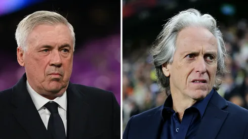 Ancelotti, treinador do Real Madrid (Photo by Denis Doyle/Getty Images) e Jorge Jesus (Photo by Ahmad Mora/Getty Images), alvos da Seleção Brasileira