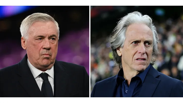Ancelotti, treinador do Real Madrid (Photo by Denis Doyle/Getty Images) e Jorge Jesus (Photo by Ahmad Mora/Getty Images), alvos da Seleção Brasileira