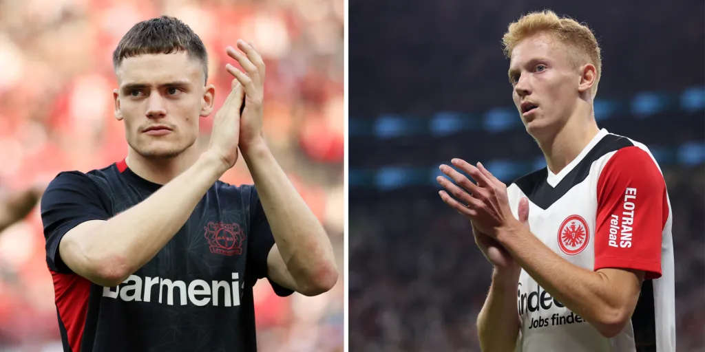 Florian Wirtz, do Bayer Leverkusen (Photo by Alex Grimm/Getty Images) e Hugo Larsson, do Eintracht Frankfurt &nbsp;(Photo by Alex Grimm/Getty Images), em campo, alvos do Manchester City