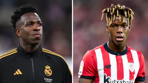 Vinicius Junior, do Real Madrid e Nico Williams, do Athletic Bilbao. O último é alvo do Arsenal (Photo by David Ramos/Getty Images) e (Photo by Juan Manuel Serrano Arce/Getty Images) respectivamente