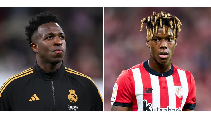 Vinicius Junior, do Real Madrid e Nico Williams, do Athletic Bilbao. O último é alvo do Arsenal (Photo by David Ramos/Getty Images) e (Photo by Juan Manuel Serrano Arce/Getty Images) respectivamente