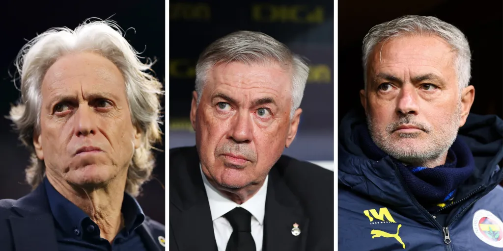 Jorge Jesus, de terno azul (Photo by Fran Santiago/Getty Images), Ancelotti, de terno preto (Photo by Fran Santiago/Getty Images) e Jose Mourinho,de jaqueta azul, na mira da Seleção Brasileira.