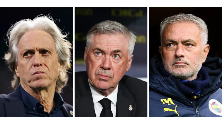 Jorge Jesus (Photo by Fran Santiago/Getty Images), Ancelotti (Photo by Fran Santiago/Getty Images) e Jose Mourinho são alguns nomes que estão na mira da Seleção Brasileira.