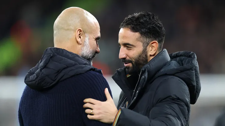 Guardiola e Ruben Amorim em jogo do United contra o Manchester City. Foto: Carl Recine/Getty Images