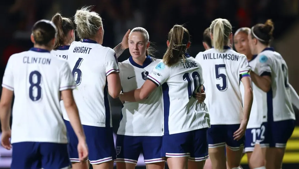 BRISTOL, ENGLAND – APRIL 04: Millie Bright of England celebrates with team-mates after scoring her team’s second goal during the UEFA Women’s Nations League 2024/25 Grp A3 MD3 match between England and Belgium at Ashton Gate on April 04, 2025 in Bristol, England. (Photo by Dan Istitene/Getty Images)
