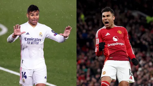 Casemiro recupera protagonismo do Real Madrid no Manchester United. Foto Esq.: Angel Martinez/Getty Images e Foto Dir.: Carl Recine/Getty Images