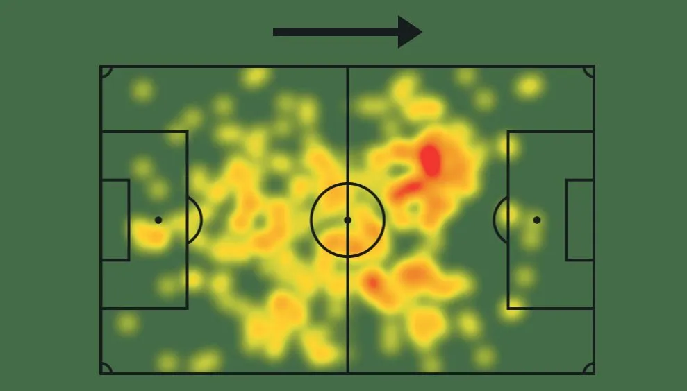 Mapa de Calor do meio-campista Jorginho na temporada 2024-25 (foto: SofaScore)