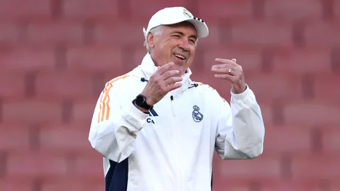 LONDON, ENGLAND – APRIL 07: Carlo Ancelotti, Head Coach of Real Madrid, reacts during a training session ahead of their UEFA Champions League 2024/25 quarter final first leg match at Emirates Stadium on April 07, 2025 in London, England. (Photo by Alex Davidson/Getty Images)