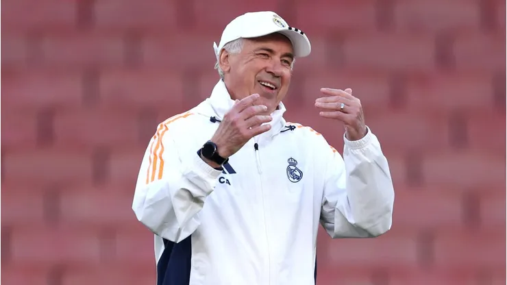 LONDON, ENGLAND - APRIL 07: Carlo Ancelotti, Head Coach of Real Madrid, reacts during a training session ahead of their UEFA Champions League 2024/25 quarter final first leg match at Emirates Stadium on April 07, 2025 in London, England. (Photo by Alex Davidson/Getty Images)