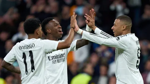 Rodrygo, Vini Jr e Mbappé comemoram gols. Foto: Angel Martinez/Getty Images
