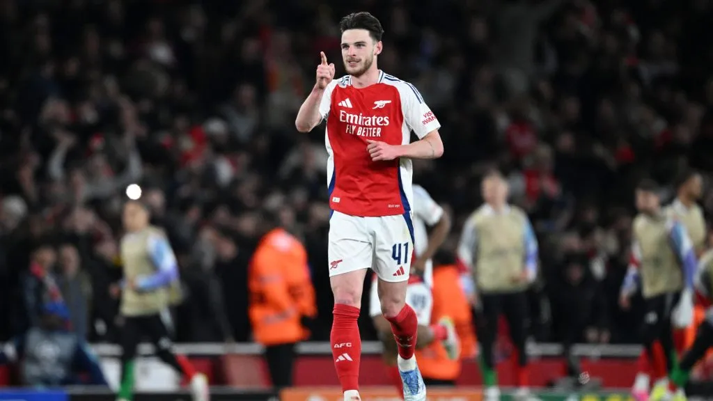 Declan Rice comemorando segundo gol contra o Real Madrid. Foto: Justin Setterfield/Getty Images