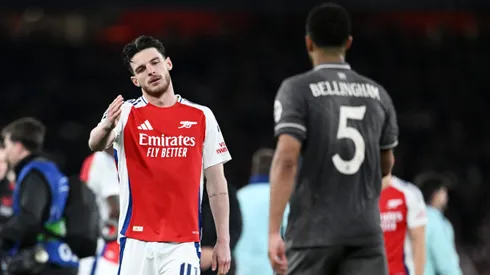 Declan Rice e Jude Bellingham após o jogo entre Arsenal e Real Madrid. Foto: Justin Setterfield