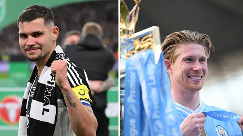 Bruno Guimarães (Photo by Stu Forster/Getty Images) e Kevin De Bruyne (Photo by Michael Regan/Getty Images), do Manchester City
