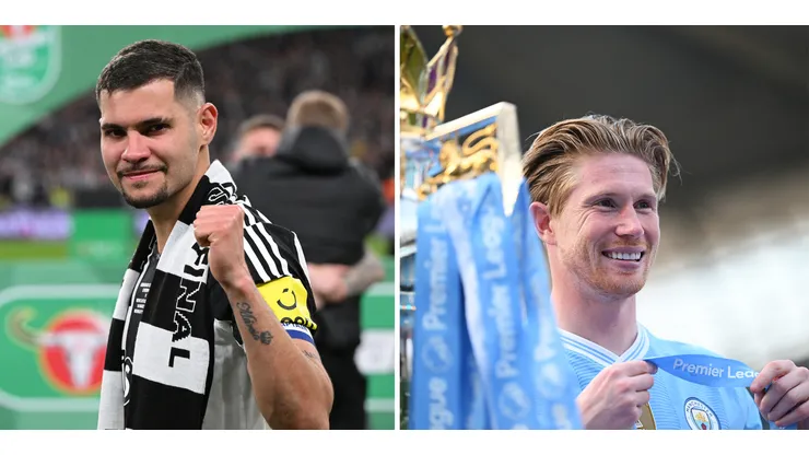 Bruno Guimarães (Photo by Stu Forster/Getty Images) e Kevin De Bruyne (Photo by Michael Regan/Getty Images), do Manchester City