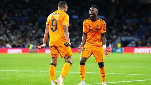 Mbappé e Vini Jr. comemorando gol do Real Madrid. Foto: Juan Manuel Serrano Arce