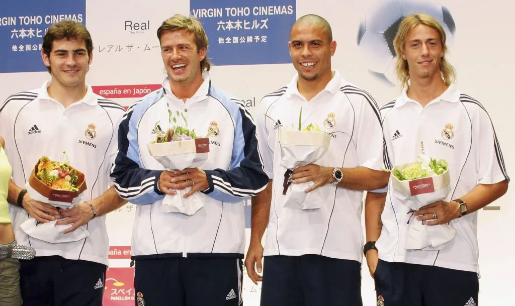 Guti ao lado de Ronaldo, Beckham e Casillas. Foto: Junko Kimura/Getty Images