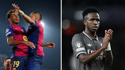 Lamine Yamal e Raphinha pelo Barcelona (Photo by Pedro Salado/Getty Images) e Vini Jr, pelo Real Madrid (Photo by Justin Setterfield/Getty Images). Times terão confrontos pela Champions League