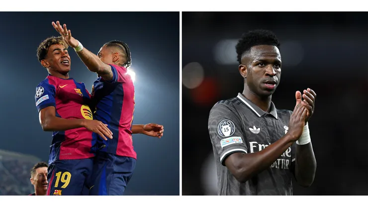 Lamine Yamal e Raphinha pelo Barcelona (Photo by Pedro Salado/Getty Images) e Vini Jr, pelo Real Madrid (Photo by Justin Setterfield/Getty Images). Times terão confrontos pela Champions League