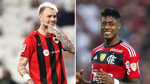 Torcida do Flamengo discute chegada de Roger Guedes para lugar de Bruno Henrique. Fotos: Francois Nel e Wagner Meier/Getty Imagens