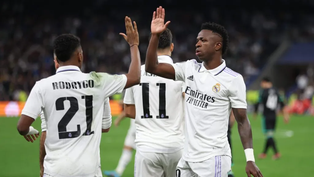 Vini Jr e Rodrygo venceram a sua primeira Champions pelo Real Madrid em 2022. Foto: Clive Brunskill/Getty Images