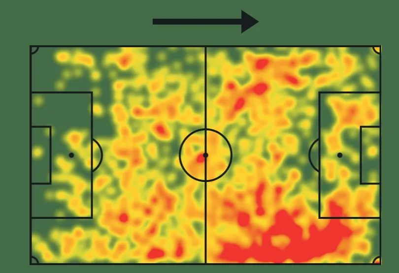 Mapa de Calor do meio-campista Bernardo Silva na temporada 2024-25 (foto: SofaScore)