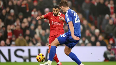 Mohamed Salah durante partida do Liverpool contra o Leicester