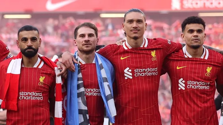 Darwin Núñez, Salah, Mac Allister, Luis Díaz, do Liverpool (Photo by Carl Recine/Getty Images)