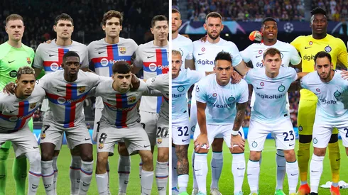 Jogadores do Barcelona (Photo by Marco Luzzani/Getty Images) e jogadores da Inter de Milão (Photo by Eric Alonso/Getty Images)