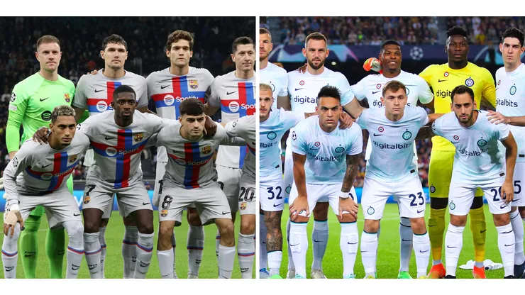 Jogadores do Barcelona (Photo by Marco Luzzani/Getty Images) e jogadores da Inter de Milão (Photo by Eric Alonso/Getty Images)