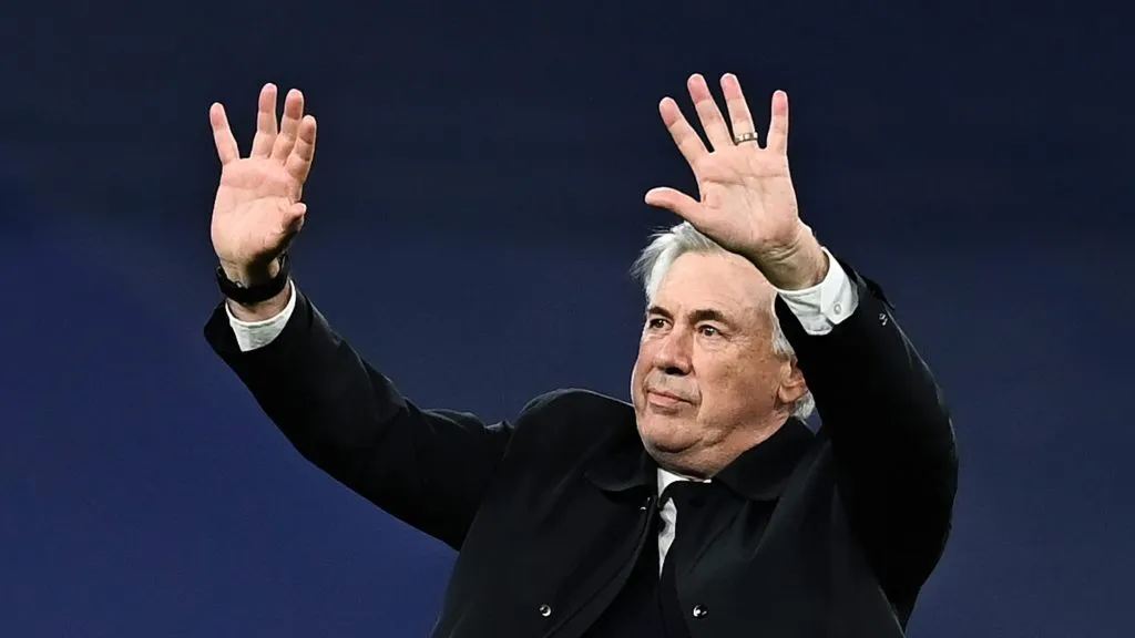 MADRID, SPAIN - MAY 04: Carlo Ancelotti, Head Coach of Real Madrid celebrates their side's victory and progression to the UEFA Champions League Final after the UEFA Champions League Semi Final Leg Two match between Real Madrid and Manchester City at Estadio Santiago Bernabeu on May 04, 2022 in Madrid, Spain.