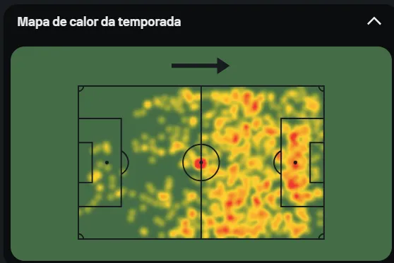 Mapa de calor de Yuri A. no Brasileirão 2024. Jogos: 33 | gols: 12
